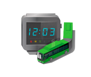 Bild av en digital klocka och en buss